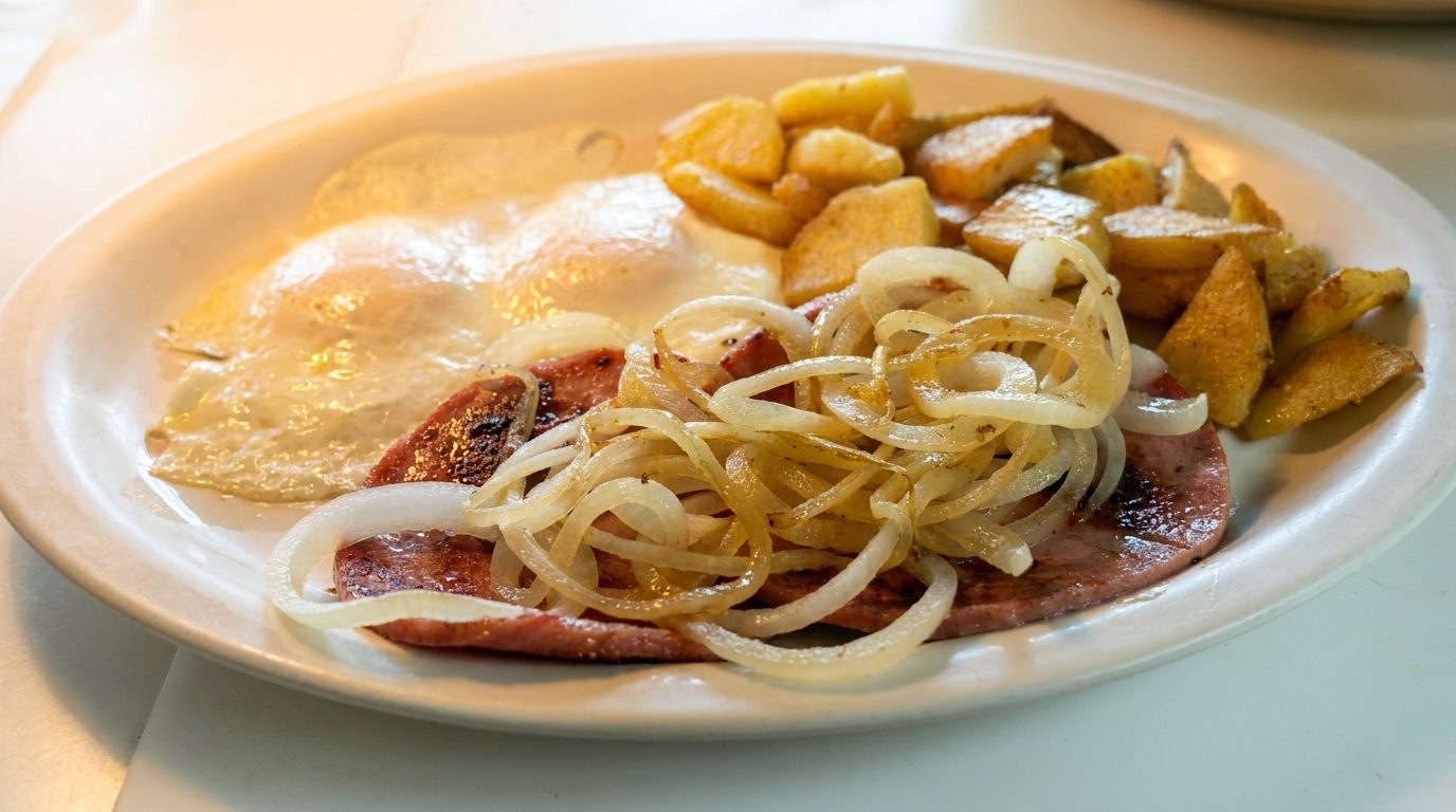 Fried Bologna & Onions, 2 Eggs, Toast & Jelly.