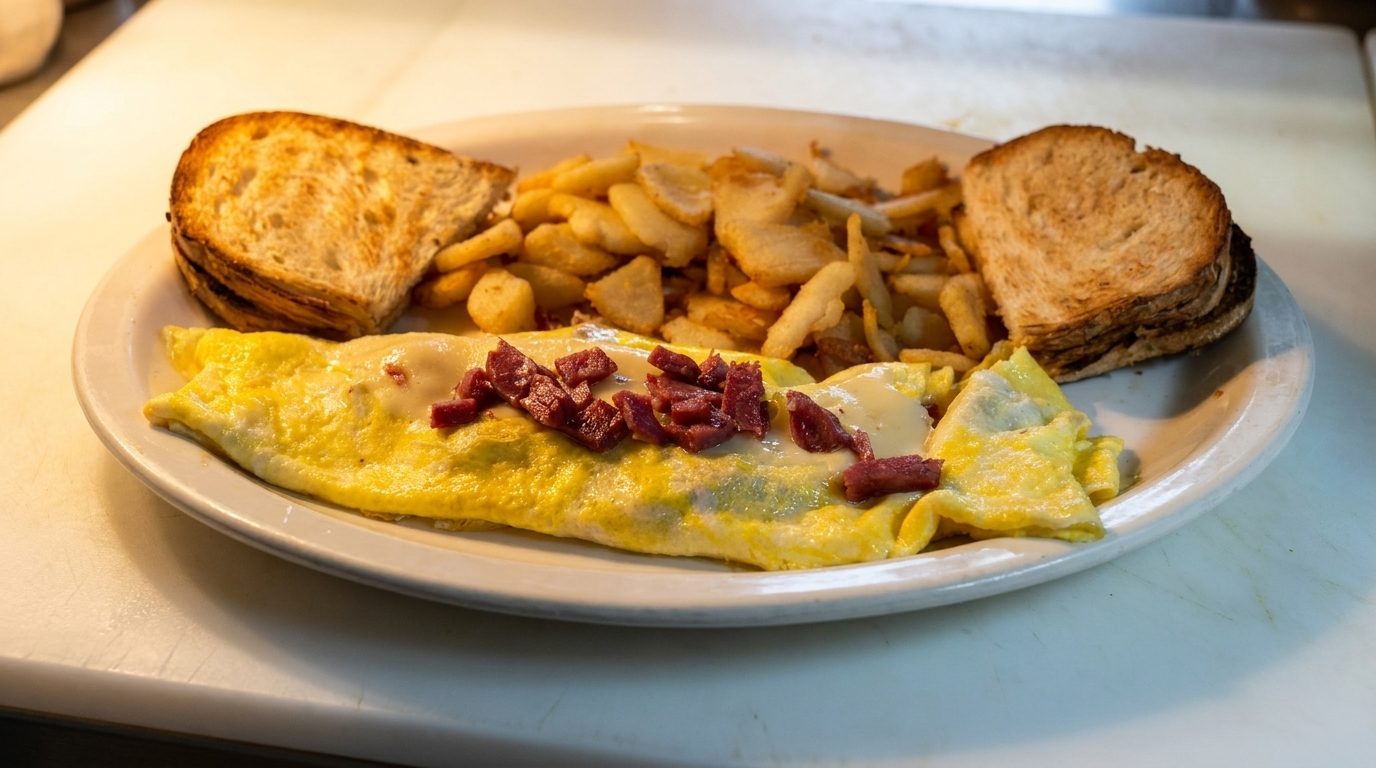 Corned Beef & Swiss Omelette.