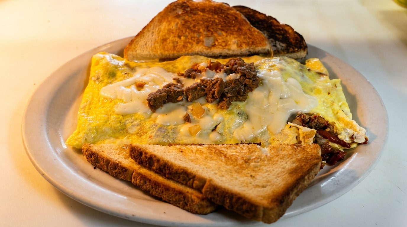 Chopped Steak Omelette w/American Cheese.