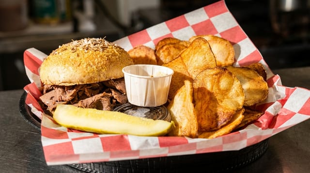 Roast Beef on Weck Sandwich.